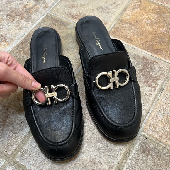 Ferragamo Black Slide Loafers with adjustable Gold/ Silver logo - Picture 7 of 7